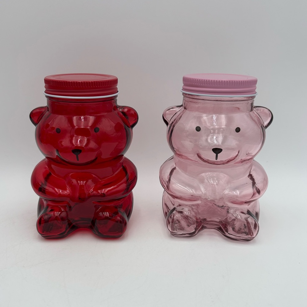 Pink and Red Glass Gummy Bear Shaped Jars with Tin Lids 2pc Valentines